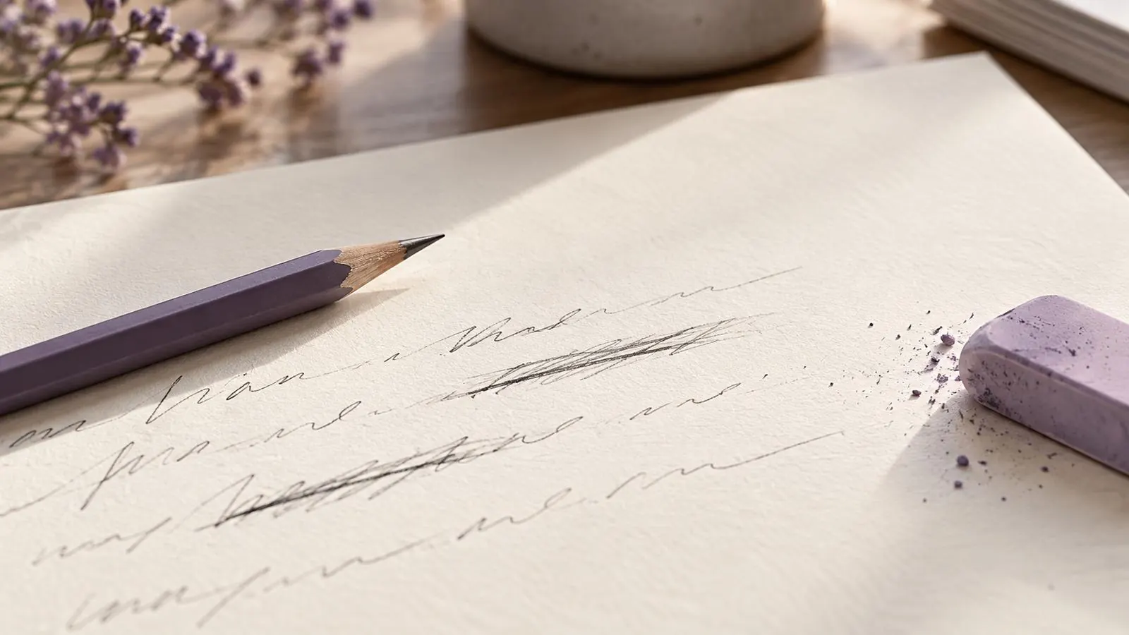 Pencil and eraser on a sheet of handwritten notes