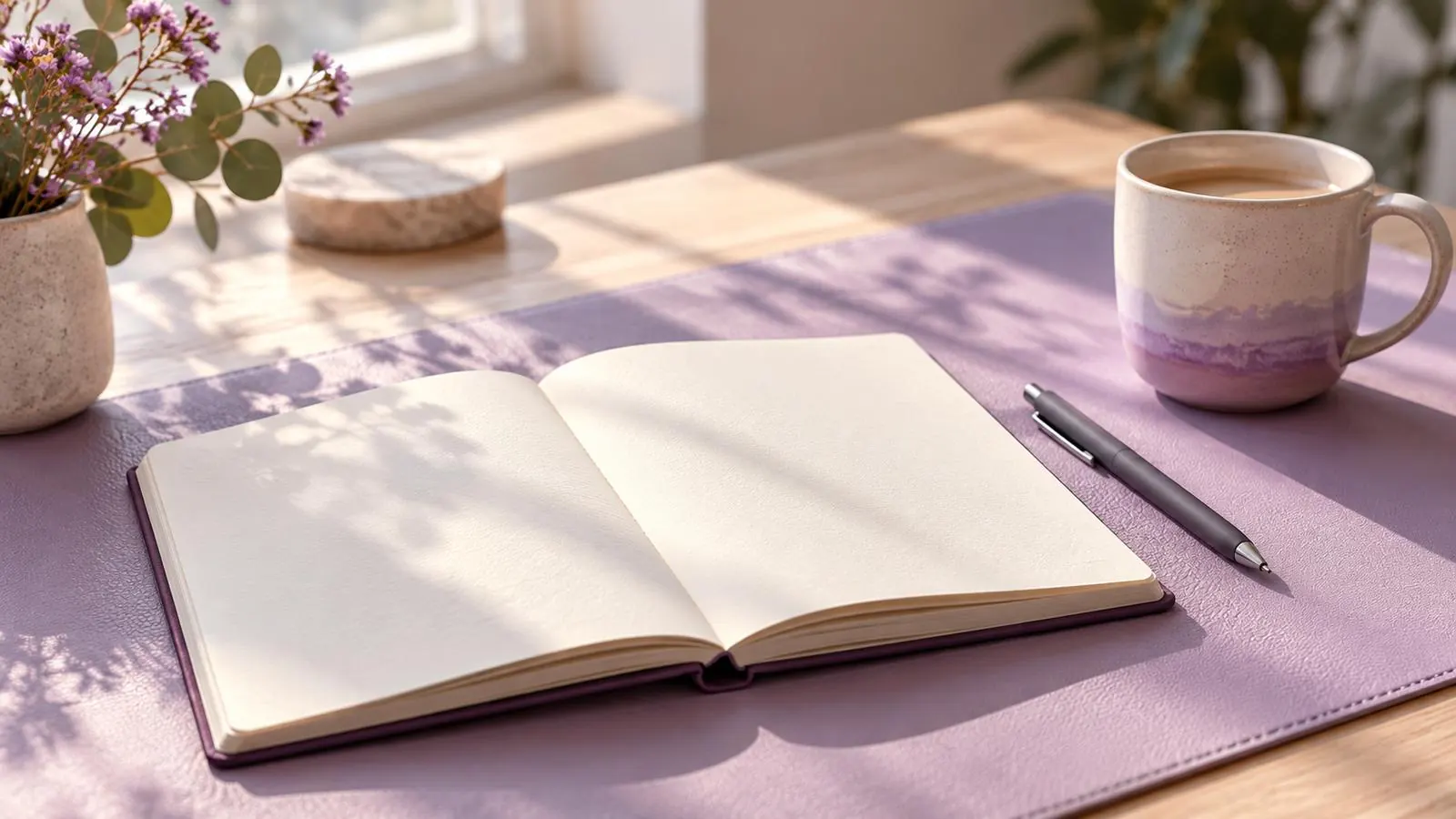 Open notebook, pen and a mug of coffee on a desk by a window