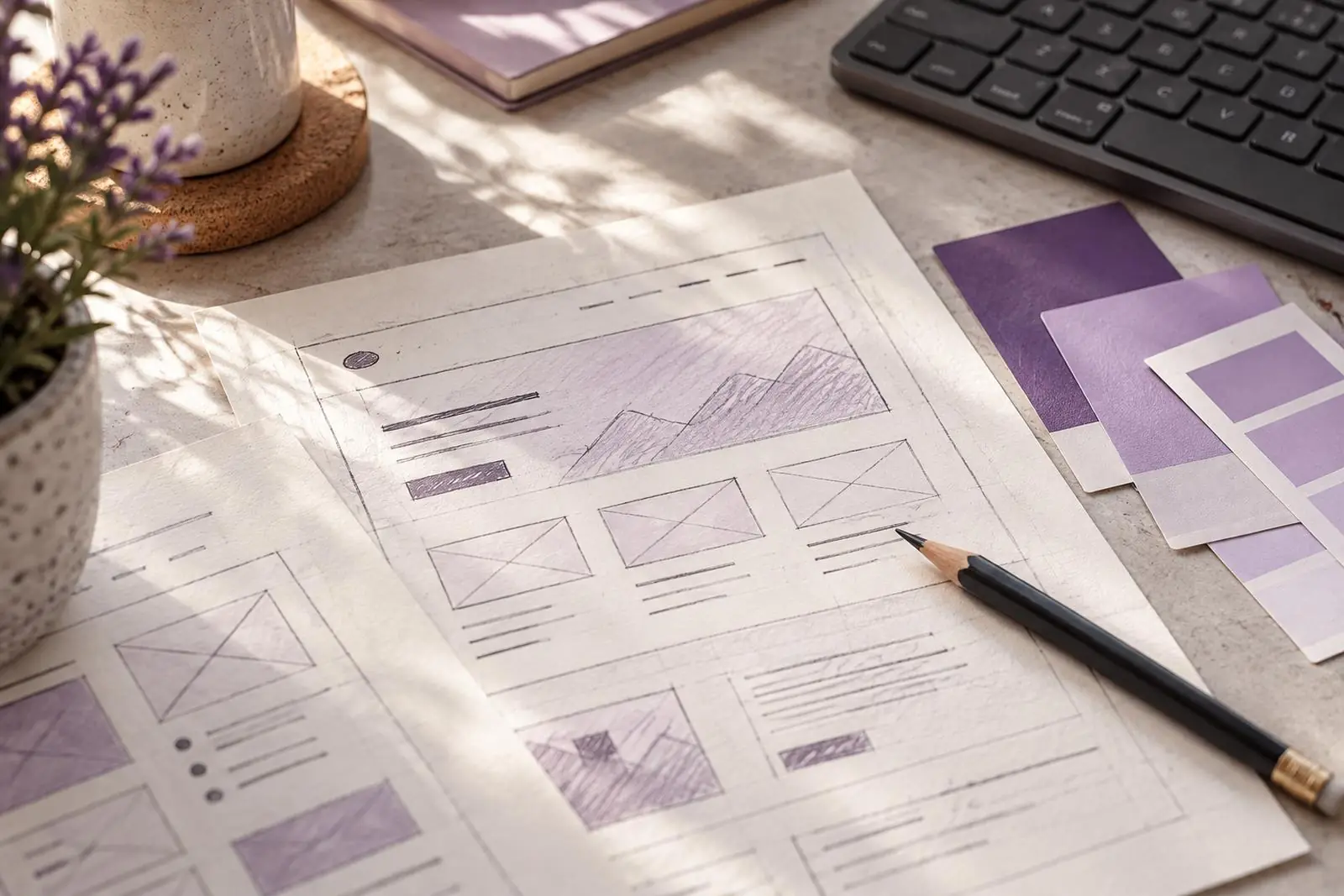 Hand-drawn website wireframes with a pencil and purple colour swatches
