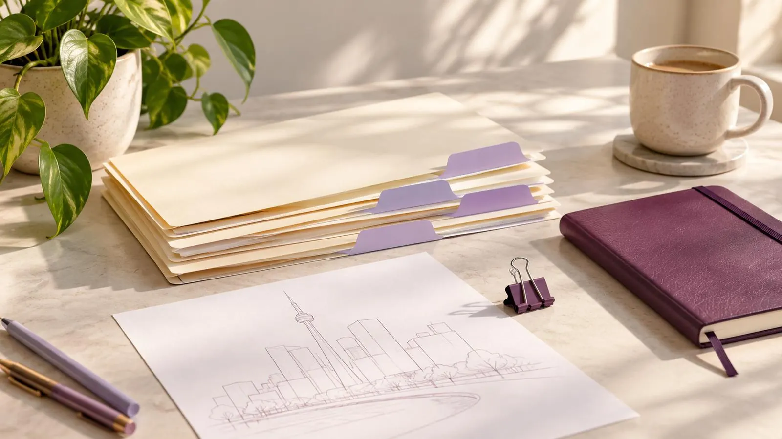 Stack of file folders, a sketch of a city skyline and a notebook on a desk