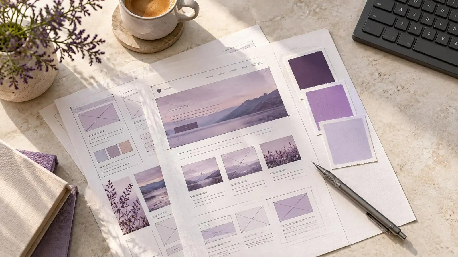 Printed website wireframes with colour swatches, a pencil and a coffee cup